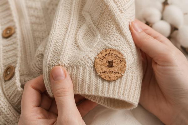 Okrągła metka z korka "Handmade with love" przyszyta do kremowej dzianiny.