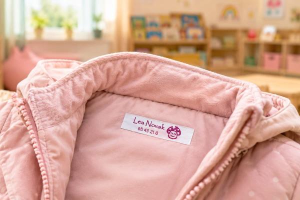 Biała bawełniana metka z fioletowym napisem w kurtce dziecięcej