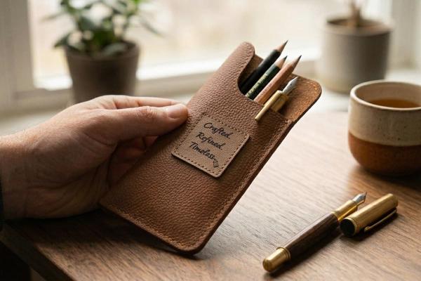 Kwadratowa jasnobrązowa skórzana metka "Crafted, Refined, Timeless" na brązowym etui.